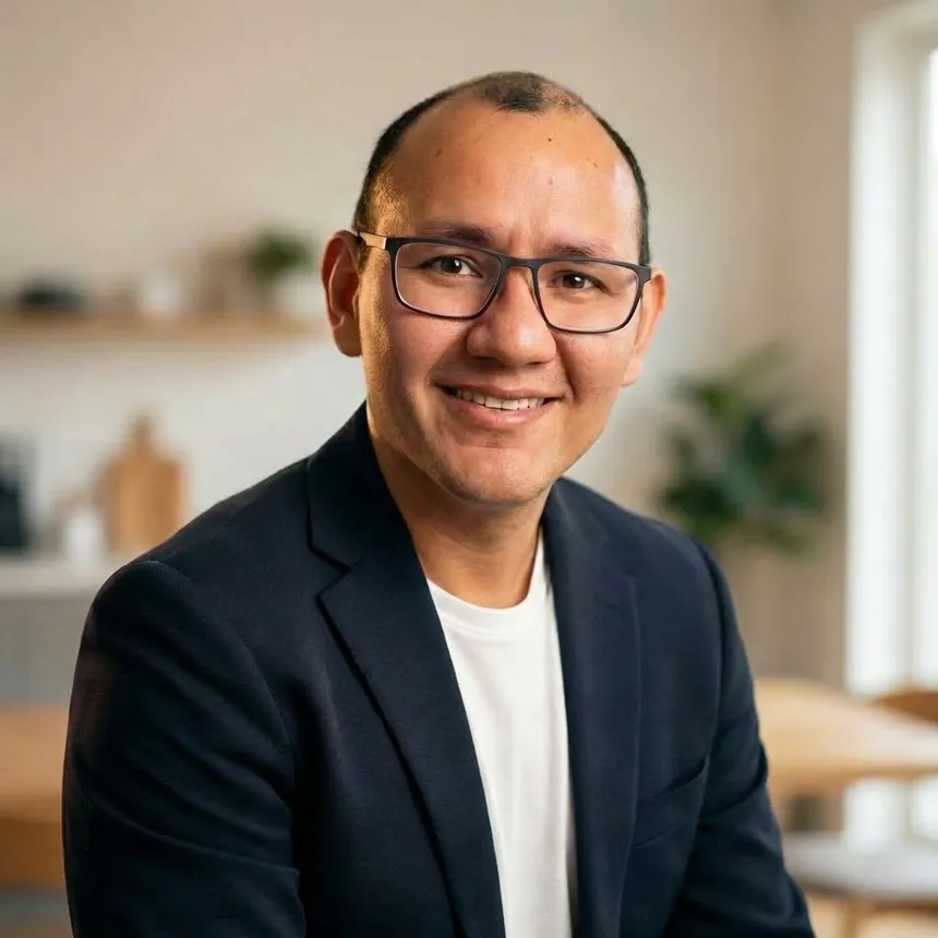 Byron Fabrizio, sonriente, con chaqueta azul marino